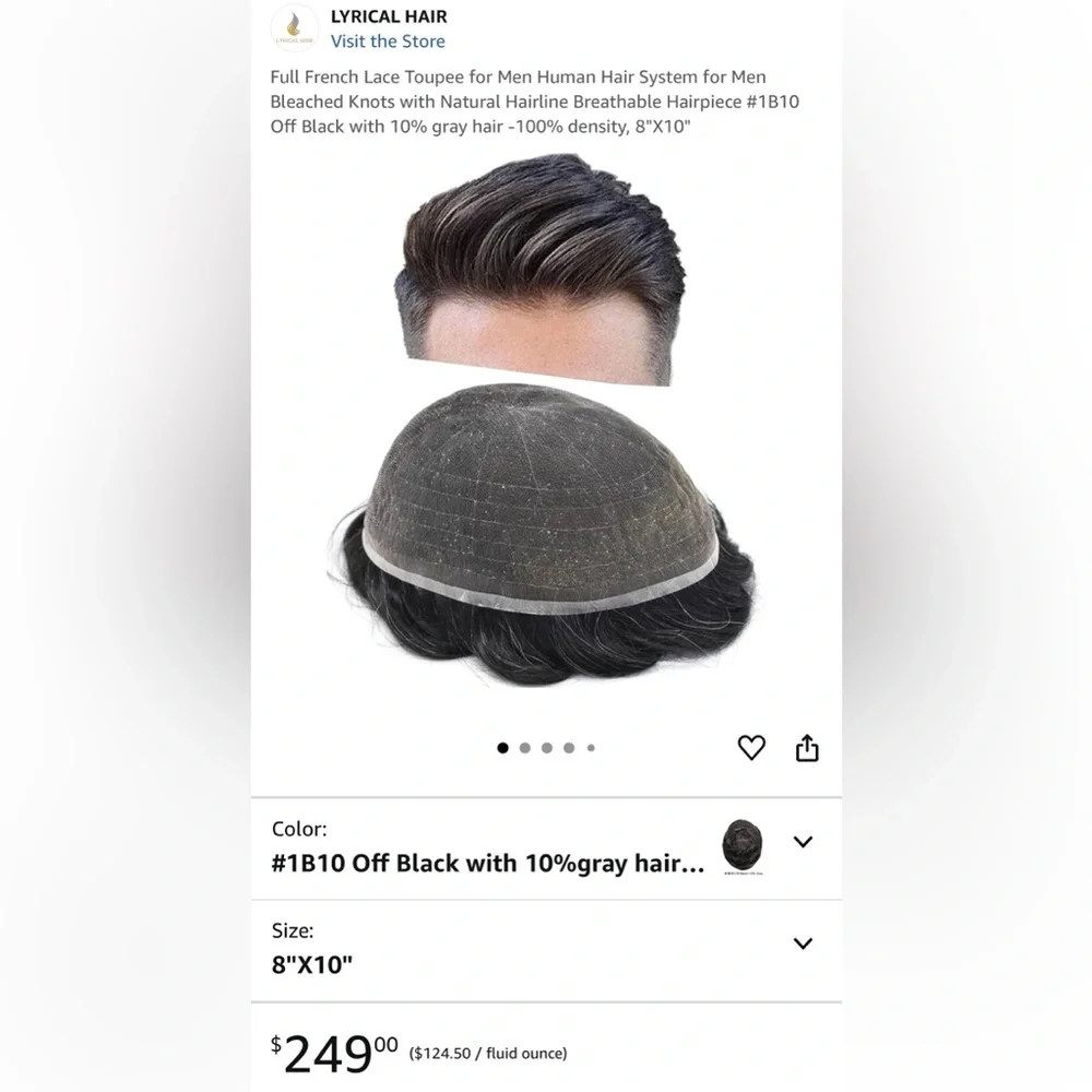 HUMAN HAIR Men’s Hairpiece Breathable Off Black 10% gray hair 100% density
